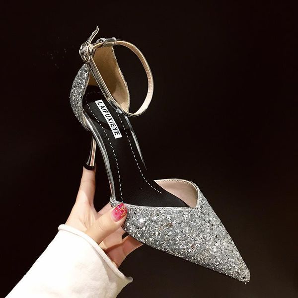 

dress shoes women's 2021 versatile hollow word buckle black professional pointed french girl high heels female stiletto