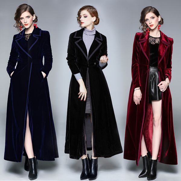Bayan Palto Kış Tasarımcısı Kadınlar Vintage Çentikli Yaka Wrap Siyah Kadife Maxi Ceket Kalın Sıcak Uzun Trençkot Ceket Dış Giyim 905i