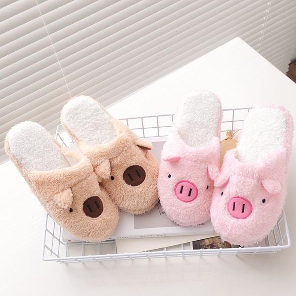

women house slippers plush winter warm shoes woman cartoon animal pig soft plush furry female slippers house shoes for indoor, Black