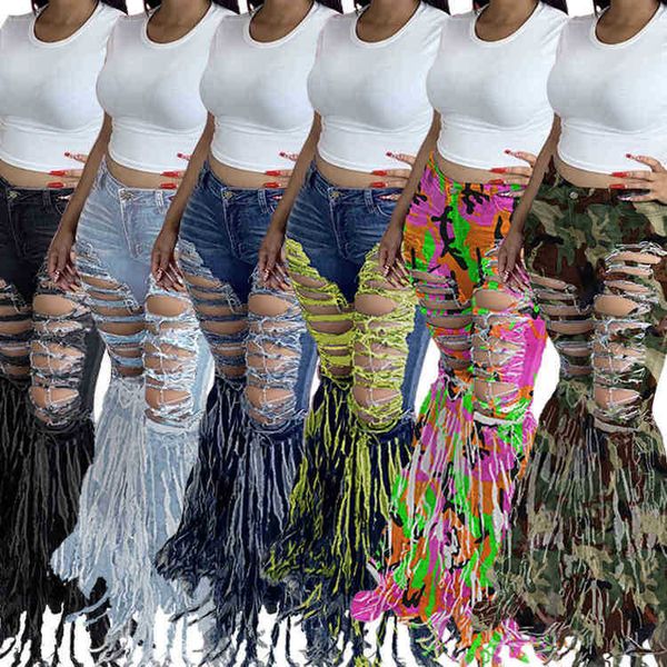

women's jeans fringed and ground denim casual flared pants women's, Blue