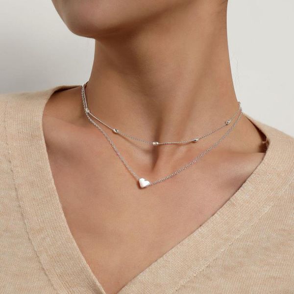 

simple fashion heart pendant clavicle peach multi-layer neck chain necklace women girl jewelry party gifts, Silver