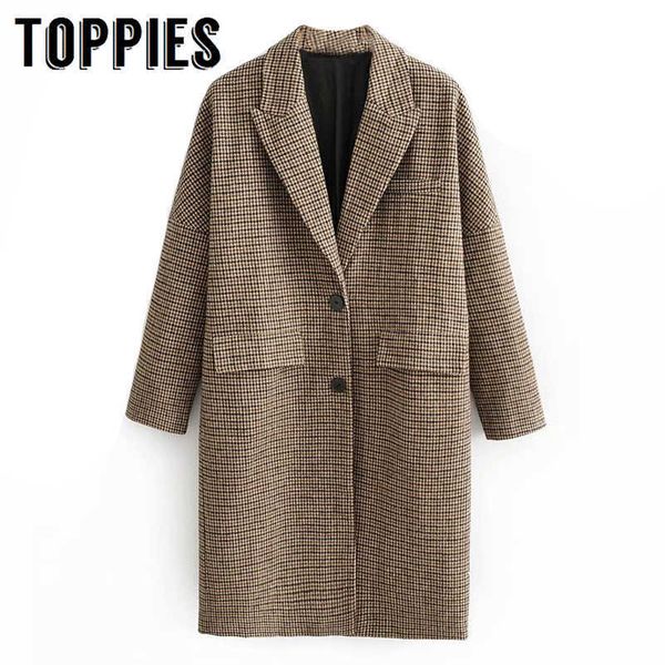 

winter plaid long coat women single breated woolen coat europe fashion ladies vintage warm clothes 211018, Black