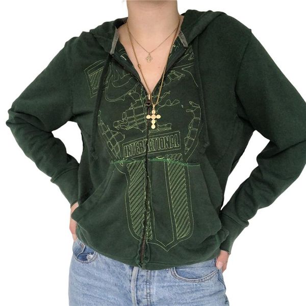 

women's jackets women jacket with pockets y2k graphic printed pattern hooded ladies zipper closure coat e-girls 90s streetwear, Black;brown