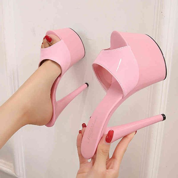 

sandals women shoes slippers large size multi color pu patent leather thick soled ultra-heels 17cm thin heel xm0v, Black