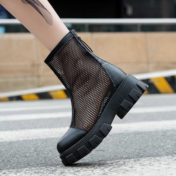 

summer ankle boots women chunky heel knee-length boots woman shoes brand female round toe zipper boots lasdies fashion comfort y0914, Black