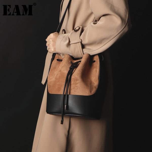

cross body [eam] women matte drawstring bucket pu leather flap personality all-match crossbody shoulder bag fashion tide 2021 18a2180