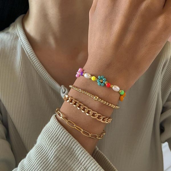 

link, chain 4pcs summer colorful bohemian beads bracelet acrylic flower charm bracelets for women trendy kpop korean jewelry bangles set, Black