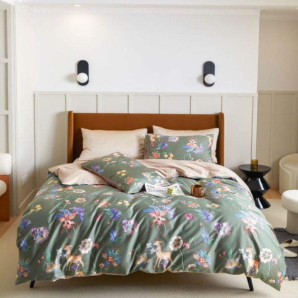 

bedding sets king size set luxury 100%egyptian cotton duvet cover  green flower deer printed bedclothes for double bed