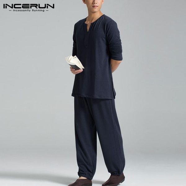 

men's tracksuits mens loose chinese style sets incerun vintage solid suits casual long sleeve v neck elastic pants 2 pieces s-5xl, Gray