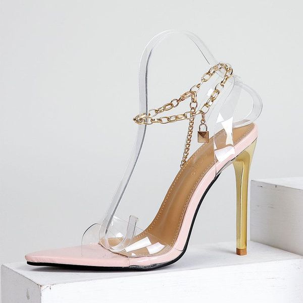 

dress shoes fashion transparent pvc women metal chain ankle strap sandals female flip flop pointed toe thin high heel party, Black