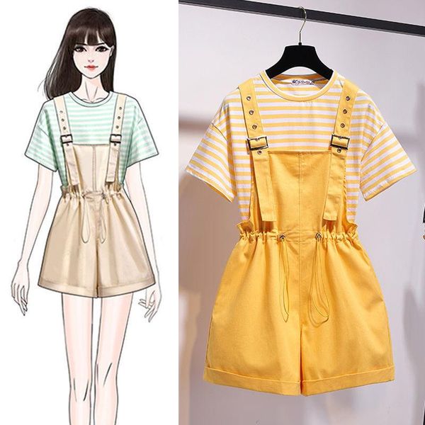 

2021 new summer women's fashion sweety suit female striped t shirt + fashion wide leg strap shorts two pieces set z180, Gray