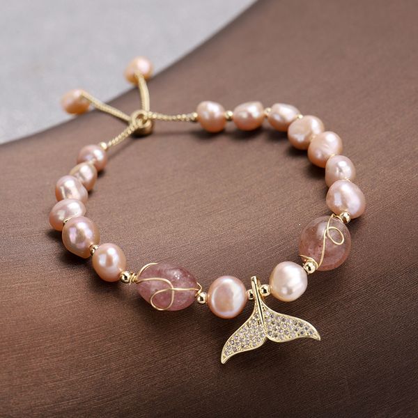Natürliches Perlenarmband, weibliches Barock-Pulver-Kristall-Armband, Erdbeer-Kristall, Meerjungfrau-Armband, Schmuck