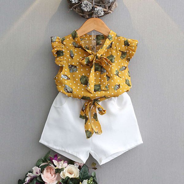 

girls ins children's clothing summer chiffon korean fashion sleeveless foreign style shorts two piece suit, White