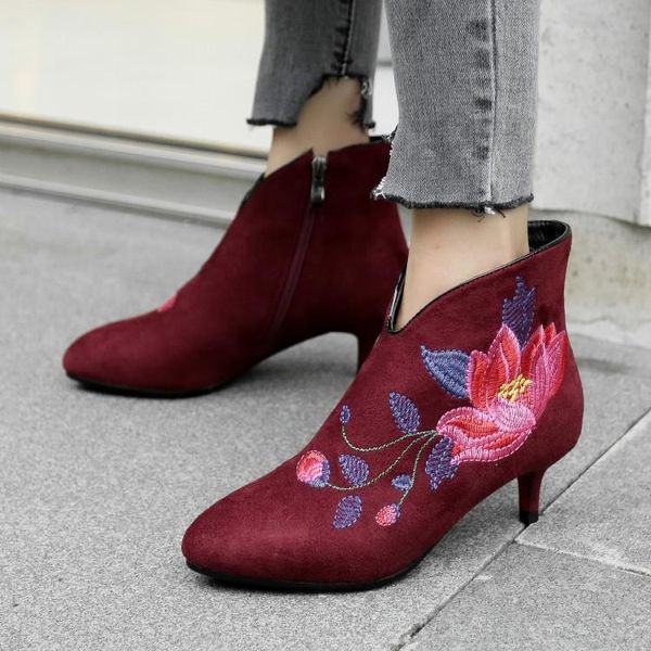 

boots pxelena ethnic embroider floral women ankle flock thin med heels short ladies shoes party dress wedding chic 34-43, Black