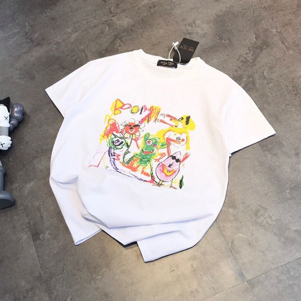 

brand chao brand 21 summer new letter cartoon graffiti short sleeve street style loose round neck pullover cotton t-shirt for women, White;black