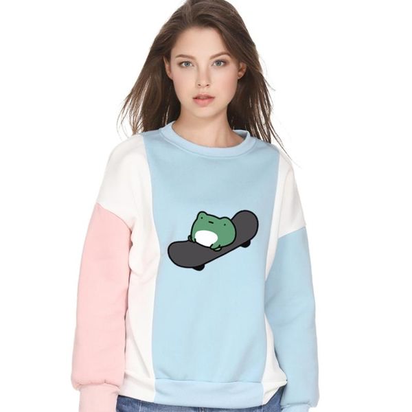 

women's hoodies & sweatshirts skateboard frog hoodie autumn winter fleece spell color stitching sweatshirt women harajuku kawaii cartoo, Black