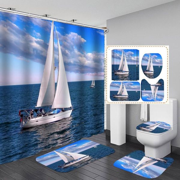 

ocean sailboat 3d shower curtain set bath mats rugs modern bathroom curtains sea scenery non-slip mat toilet cover home decor