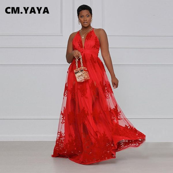 

plus size dresses cm.yaya women dress solid mesh embroider sleeveless strap v-neck a-line maxi vintage party vestidos summer, Black