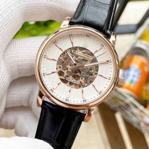 

men's watch business luxury series 316l stainless steel movement 8n24 strengthened mineral glass imported cowhide strap hollow pin buck, Slivery;brown