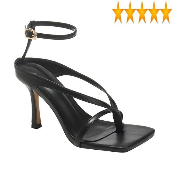 

flip summer elegant women sandals flop band office ladies square open toe genuine leather ankle buckle strap stiletto heels, Black
