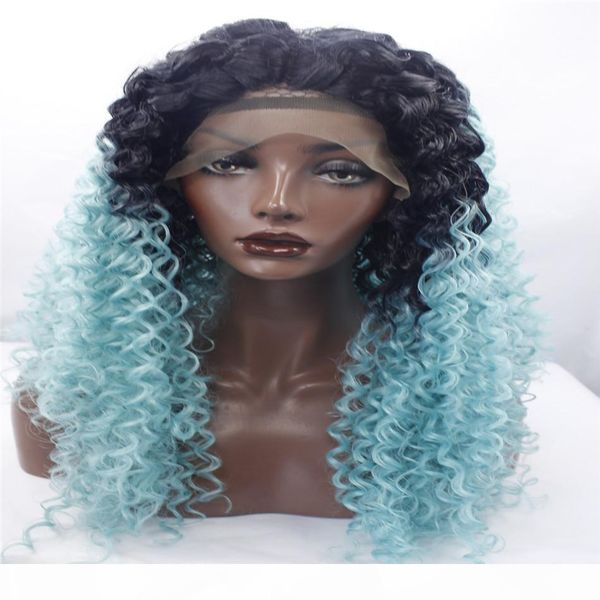 

lace front wigs curly hair synthetic hair wig two-tone black blue, Black;brown