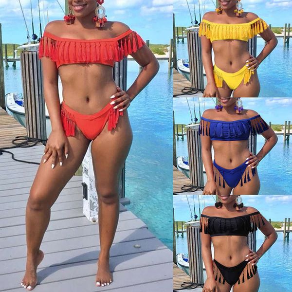 

summer new women's bikini solid tassel split swimsuit, White;black