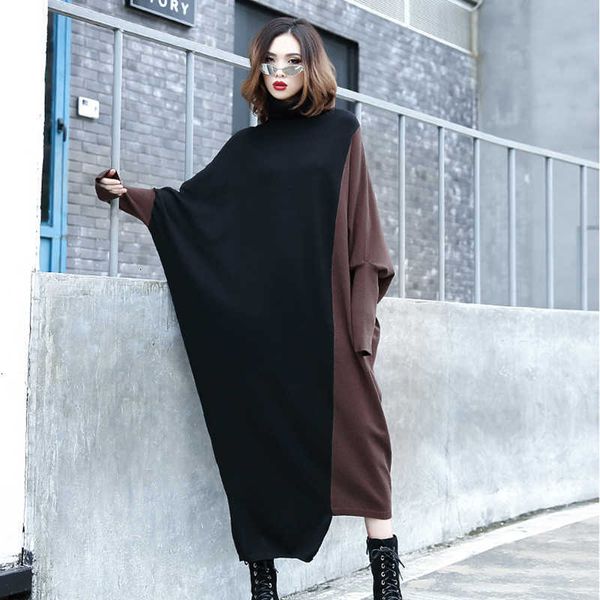 

eam] women contrast knitting big size long dress new turthleneck long sleeve loose fit fashion tide spring autumn 1db481 201102, Black;gray