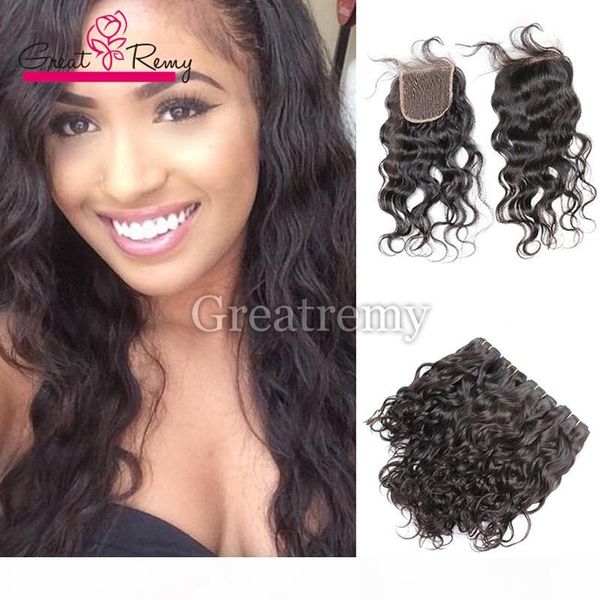 

brazilian peruvian mongolian hair extensions natural color natural wave 1pc 3 part lace closure 4"x4" with 4pcs hair bundles h, Black