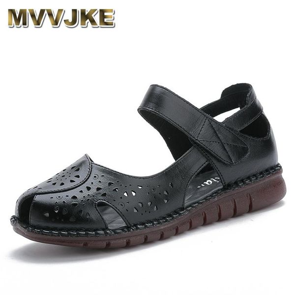 

mvvjke summer new handmade women's shoes national style genuine leather hollow out women sandals soft flat with sandals my gift, Black