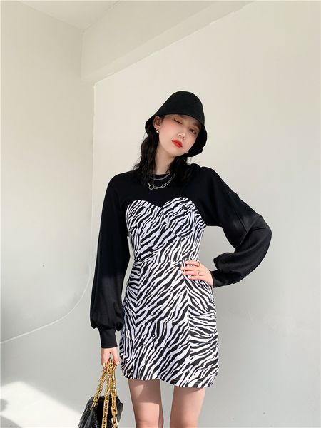 

new zebra print lantern patchwork women tunic long sleeve bodycon ladies mini 2021 fashion clothes 9cja, Black;gray
