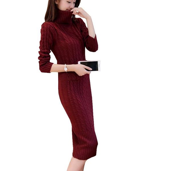 

casual dresses 2021 fashion women winter sweater lady elegant long stretch knit dress plus velvet thick warm base ok909, Black;gray