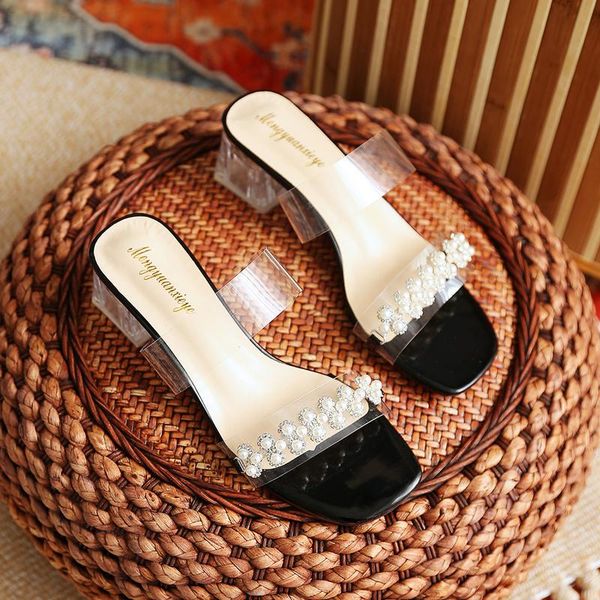

slippers women high heels ladies sandals summer pearl transparent pu comfort open toe women's zapatillas mujer, Black