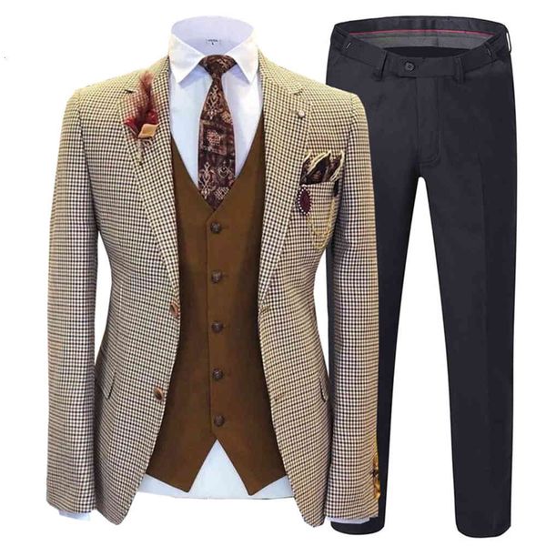 

men's suits & blazers plaid business dogtooth design 3 piece shawl lapel tweed prom tuxedos wedding groomsmen (blazer+vest+pants), White;black