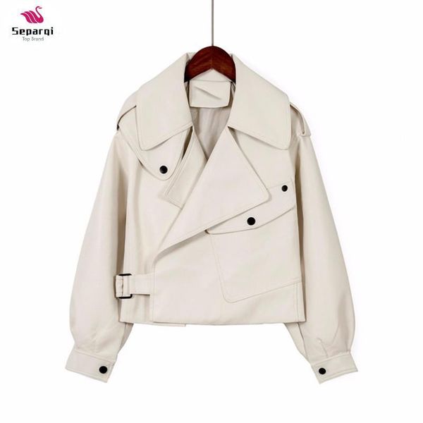 

women's leather & faux arrivals women jacket pu motorcycle biker beige coat fashion turndown collar loose streetwear, Black