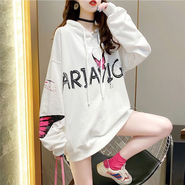 

2021 new women autumn winter casual mid length fleece thick hoodies o neck oversized print hooded sweatshirt hggf, Black