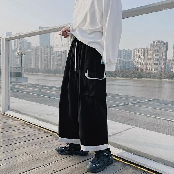 

black/white straight cargo pants korean patchwork man loose ankle-length streetwear woman spring summer drawstring casual men's