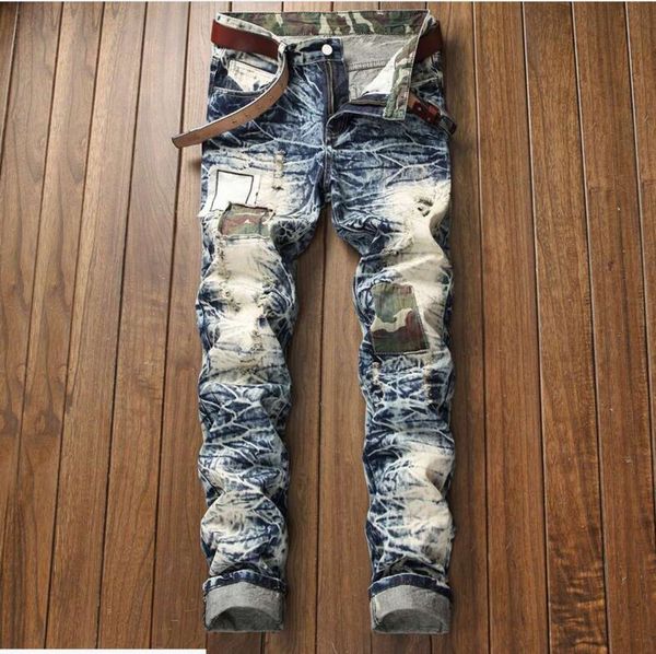 

men's distressed ripped skinny jeans patch designer jeans slim motorcycle moto biker causal mens denim pants hip hop men jeans txddbl, Blue