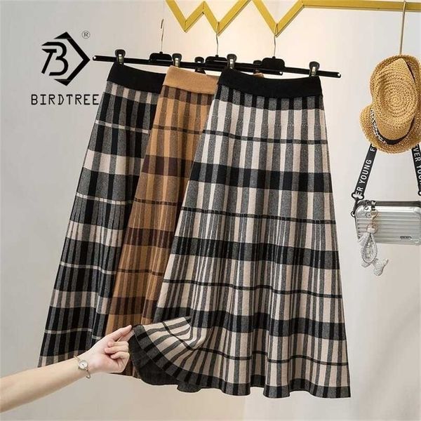 

a-line skirt autumn winter warm midi s office lady plaid printed knitted high waist long b18401x 211109, Black