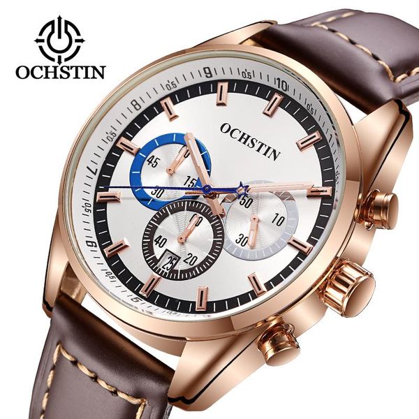 

wristwatches ochstin 2021 fashion sport watch men chronograph business leather quartz wristwatch gift male relogio masculin, Slivery;brown