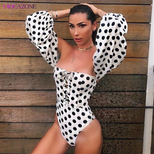 

women's jumpsuits & rompers uideazone off shoulder long sleeve women bodysuit polka dot print lace up 2021 autumn backless slash neck, Black;white