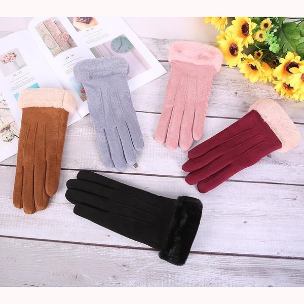 

five fingers gloves women winter touch screen suede leather plush warm soft full finger mittens female driving, Blue;gray