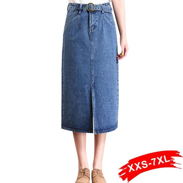 

skirts plus size 4xl 7xl front split lady bud sashes jeans skirt women's high waist student slim long straight denim with belt, Black
