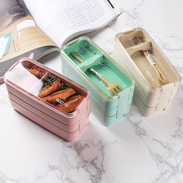 

900ml healthy material bento box 3-layer wheat straw microwave oven tableware food storage container
