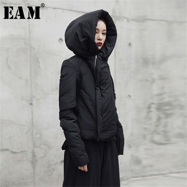 

[eam] hooded thickening black short cotton-padded coat long sleeve loose fit women parkas fashion spring autumn ji08 211216