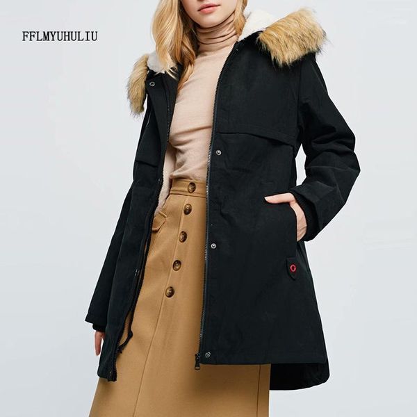 

women's down & parkas winter warm fur hooded parker coat solid color loose lamb pocket velvet cotton jacket1, Black
