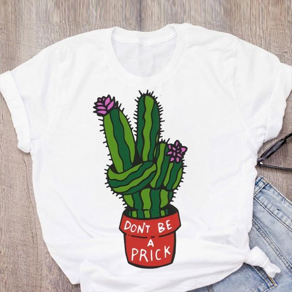 

cactus hand flower print women t shirts plant fashion short sleeve summer womens clothing tees female, White
