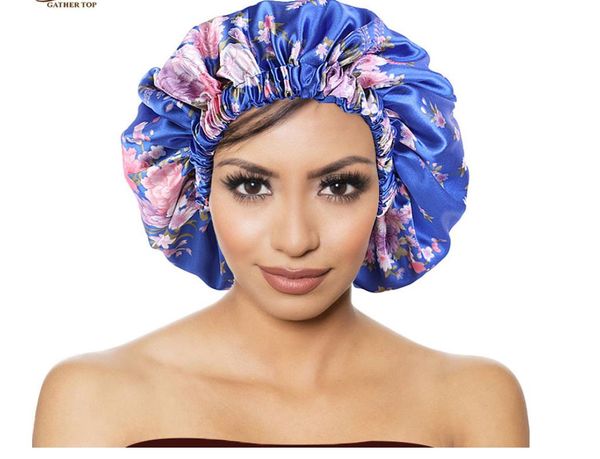 

new extra large 38cm satin lined bonnets double layer women floral pattern print fabric bonnets night sleep hat hair accessories, Blue;gray