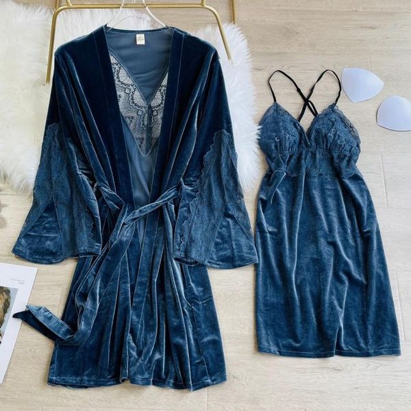 

women's sleepwear lace hollow out robe set women velour 2pcs autumn kimono gown femme sleep velvet nighty&robe home wear, Black;red
