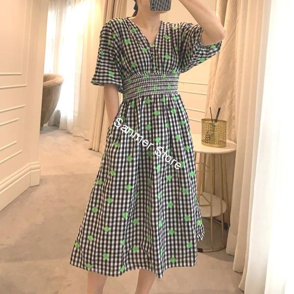 

2021 new vestido midi xadrez feminino com decote em v cintura elstica bordado manga vintage a-line vestidos elegantes novo 6v81, Black;gray