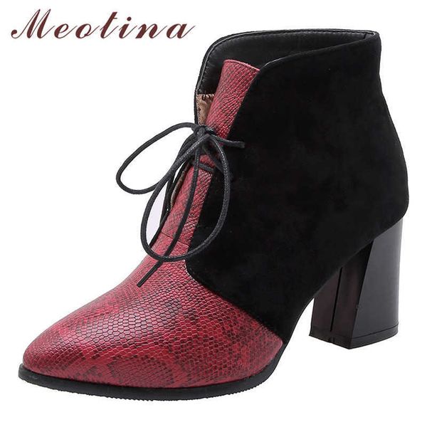 

meotina fall ankle boots women snake print square high heels short boots mixed colors pointed toe shoes lady winter plus size 210608, Black